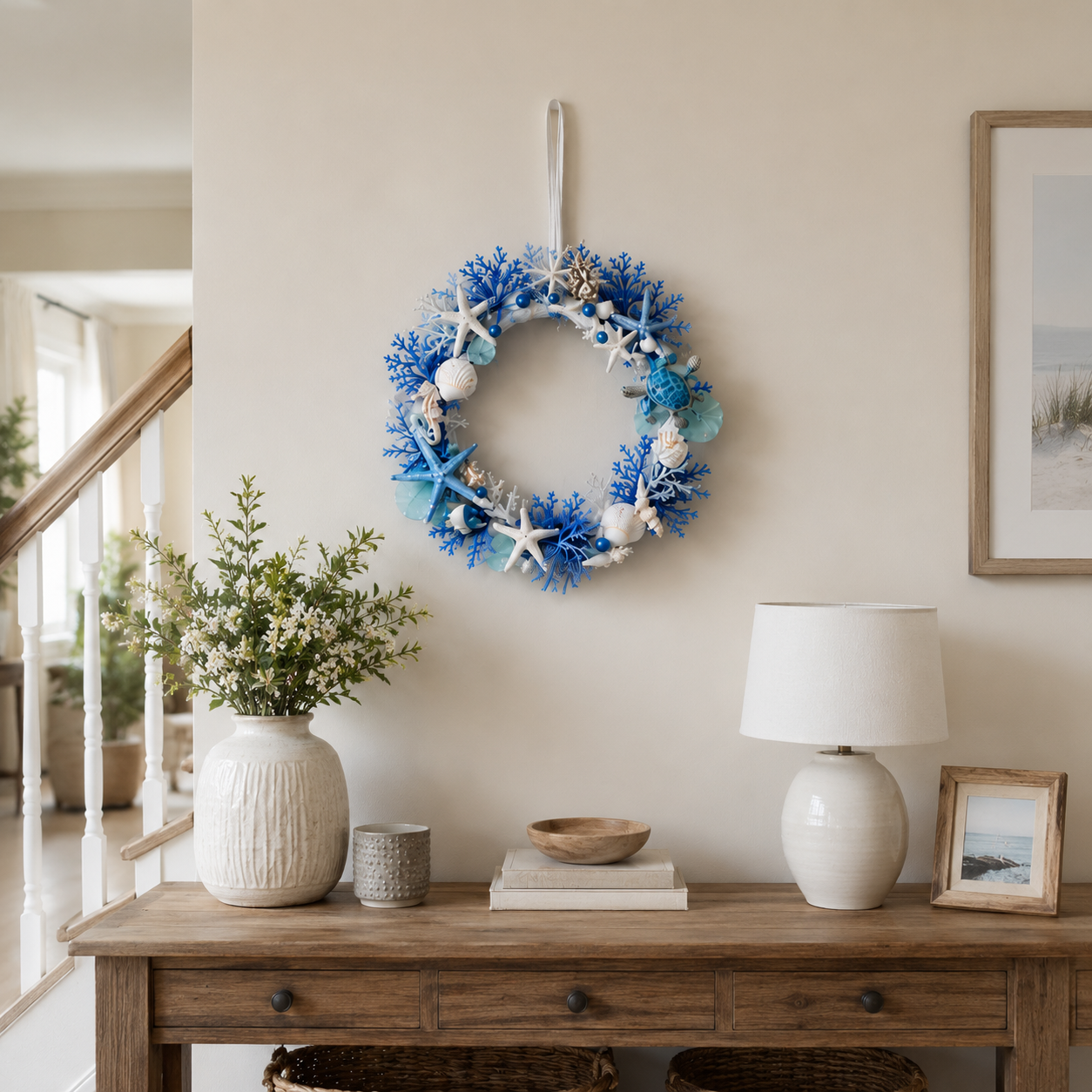 Ocean Breeze Coastal Wreath with LED Lights – Blue Sea Turtle & Seashell Resin Door Hanging Decor 🐢✨