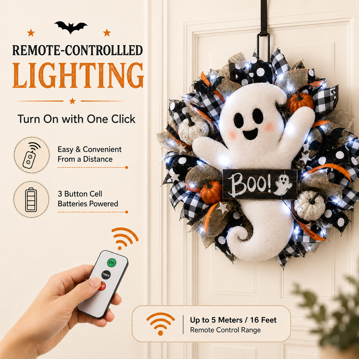 Lighted Halloween Ghost Wreath – 15.7-Inch Remote-Controlled Front Door Decoration 👻