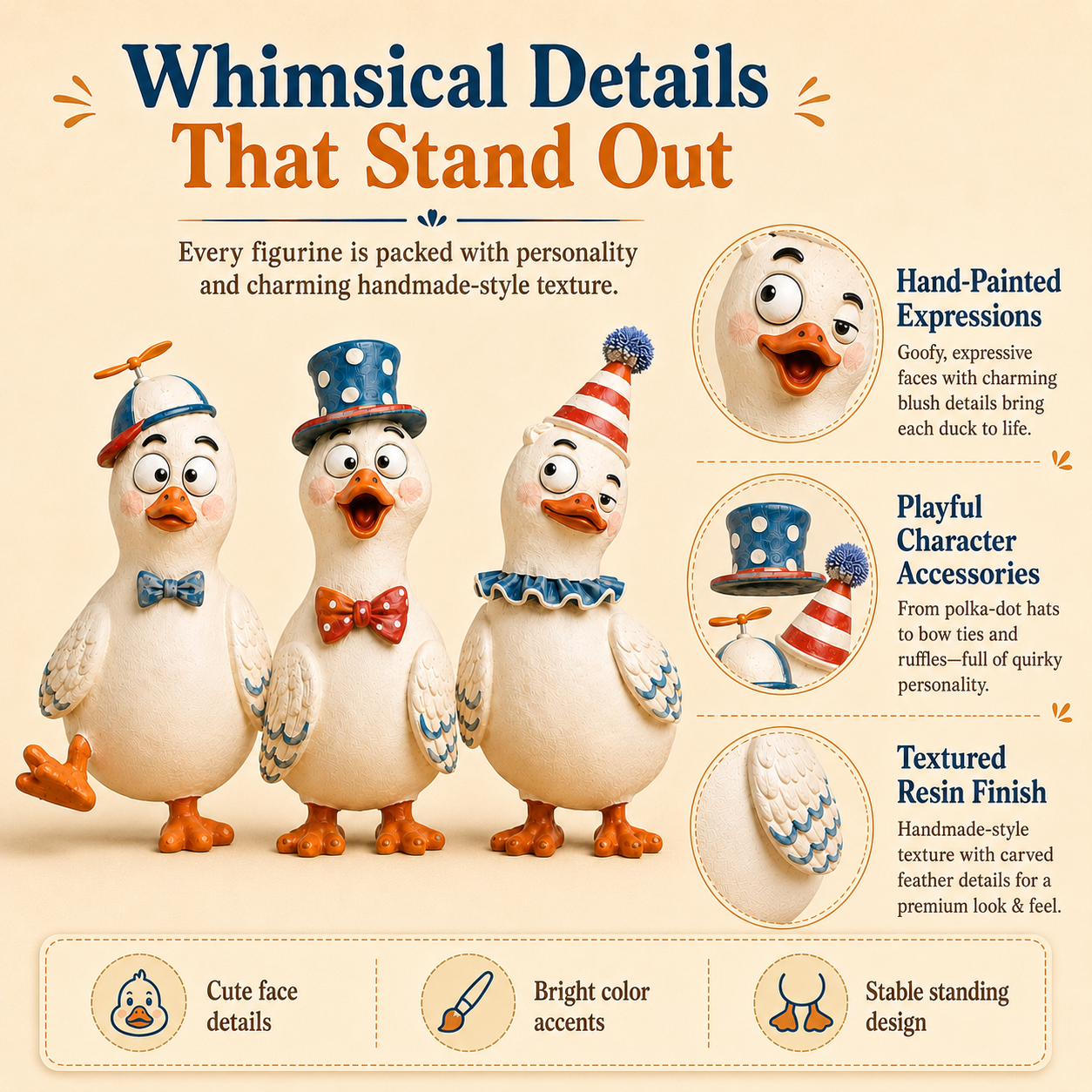 🦆 3-Piece Quirky Duck Resin Figurine Set – Funny Farmhouse Tabletop Décor