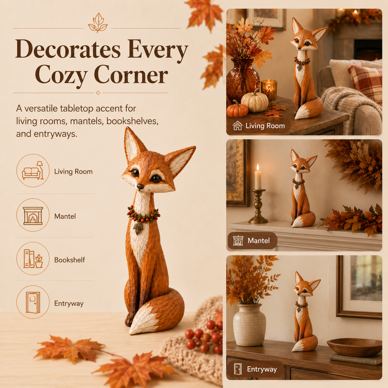 Hand-Carved Wooden Fox Figurine – 11.8-Inch Slim Woodland Tabletop Décor 🍂