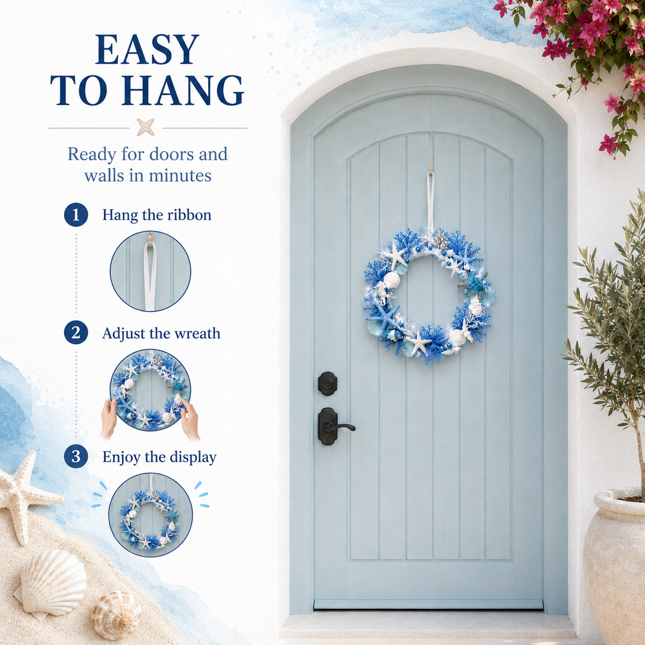 Ocean Breeze Coastal Wreath with LED Lights – Blue Sea Turtle & Seashell Resin Door Hanging Decor 🐢✨