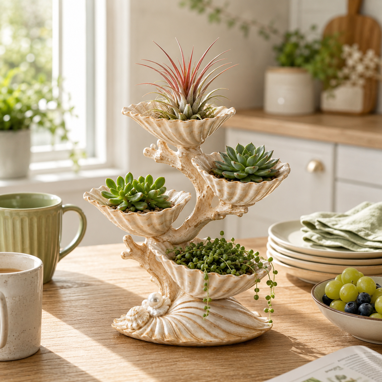 4-Tier Pearl Seashell Succulent Planter – Coastal Resin Tabletop Plant Display 🌿