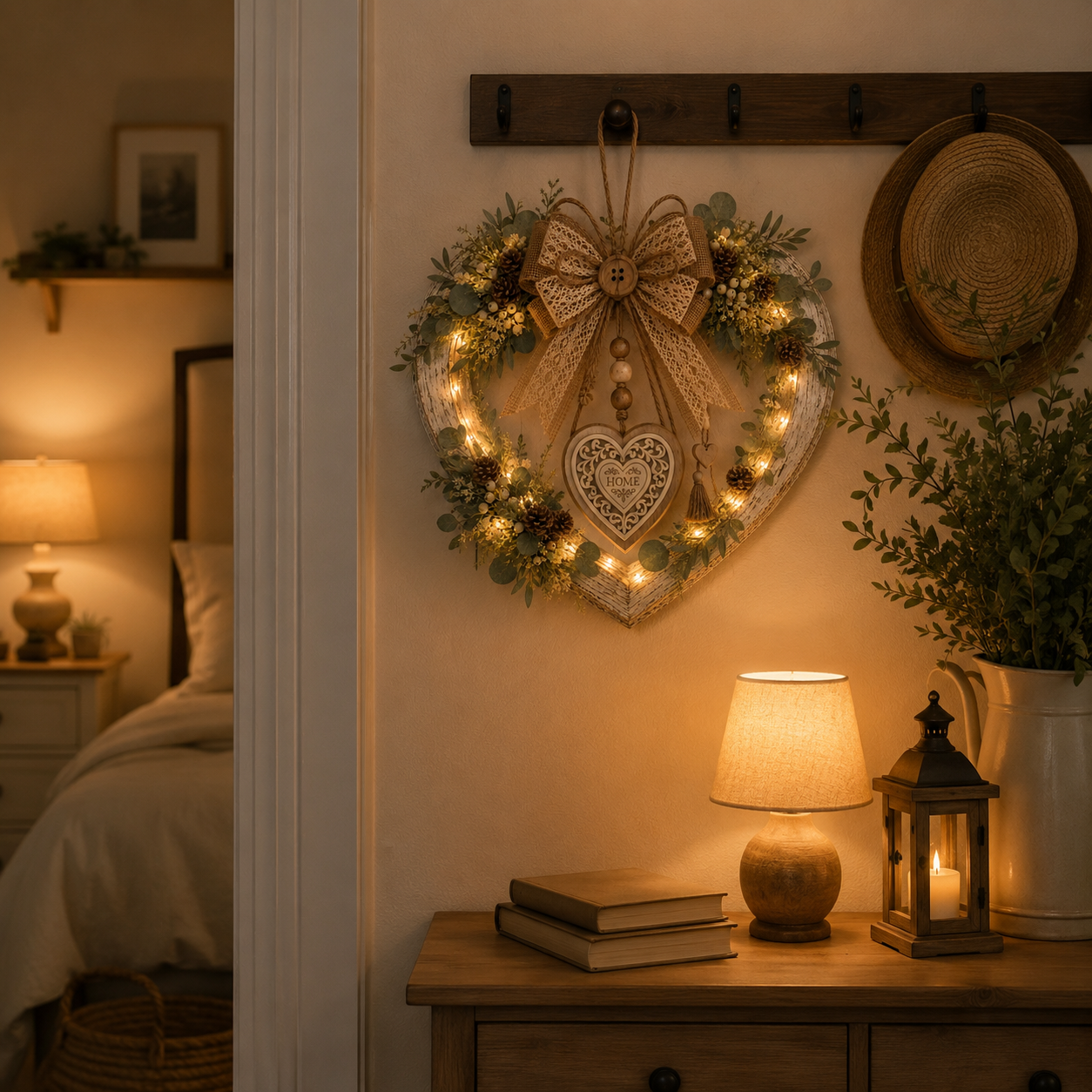 Lighted Rustic Heart-Shaped Door Wreath – Farmhouse Eucalyptus Home Décor 💚✨