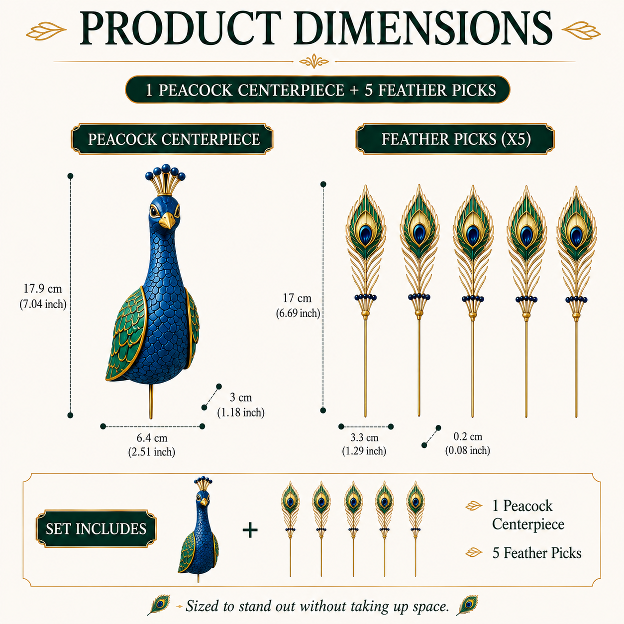 Peacock Resin Plant Decoration Set – 1 Peacock Pick with 5 Decorative Feather Stakes