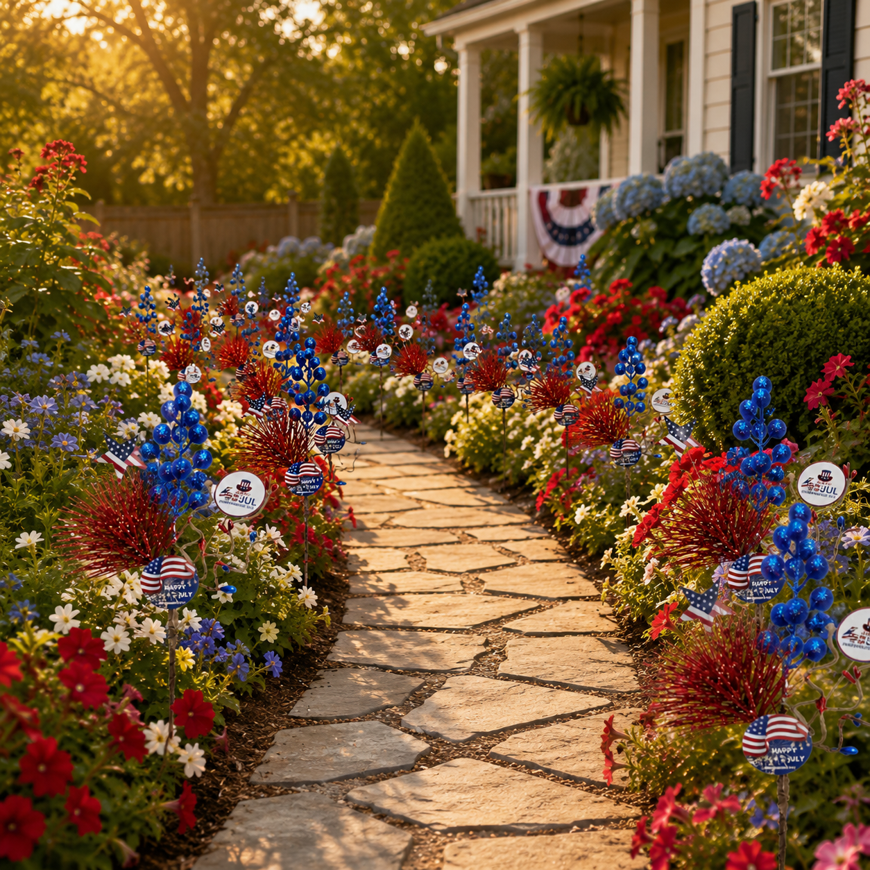 Patriotic 4th of July Decorative Flower Pick – 10-Flower Bundle, Red, White & Blue Glitter Berry & Star Accents for Garden, Floral Arrangements, Wreaths & Holiday Decor