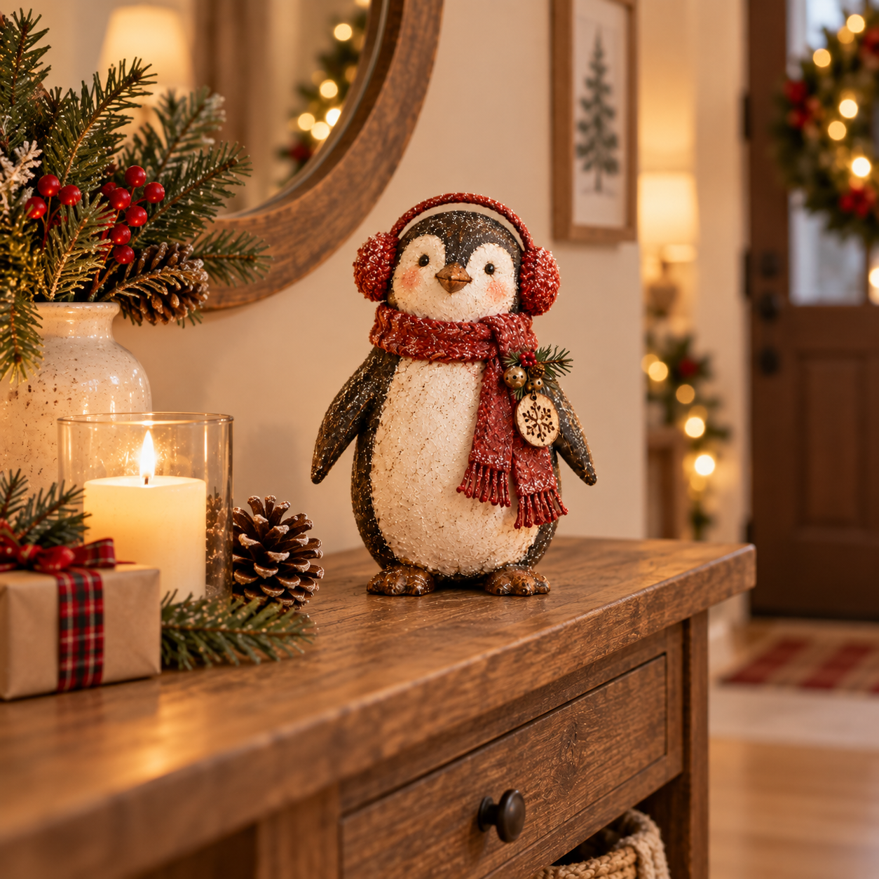 Christmas Penguin Figurine with Red Scarf & Earmuffs 