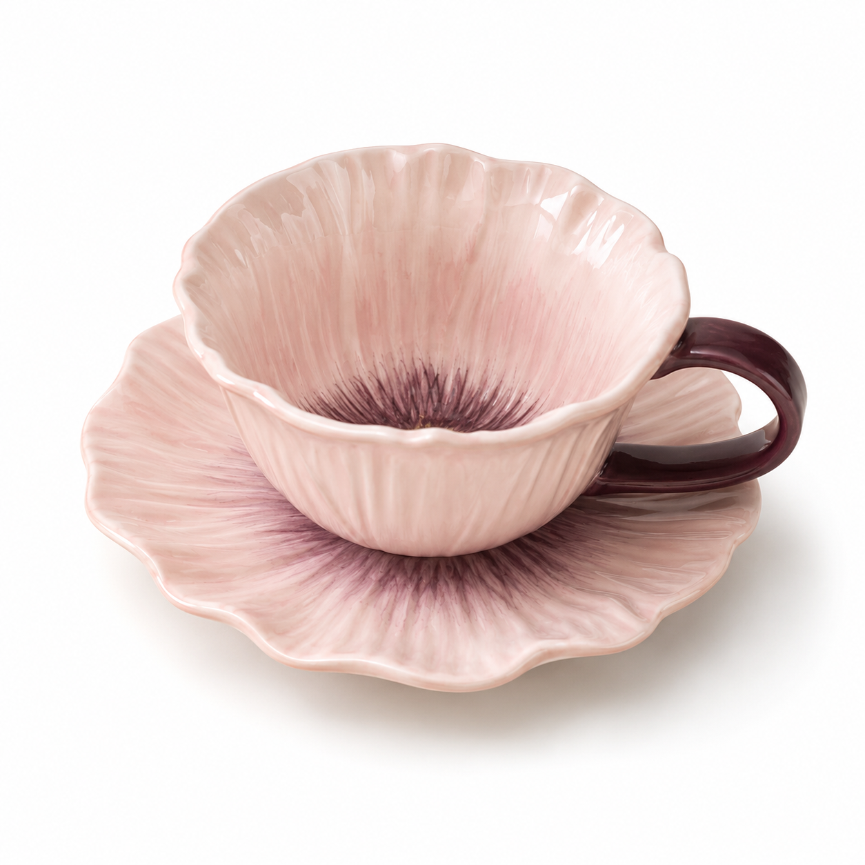 Poppy Flower Shaped Ceramic Coffee Cup and Saucer Set, 10 oz Floral Tea Cup with Matching Plate, Handmade Style Flower Mug for Coffee, Tea, Latte, Cappuccino, Home Decor and Gift