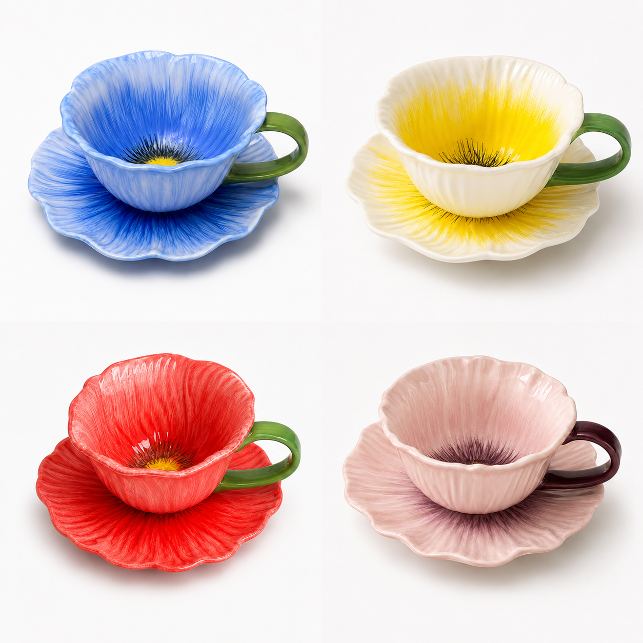 Poppy Flower Shaped Ceramic Coffee Cup and Saucer Set, 10 oz Floral Tea Cup with Matching Plate, Handmade Style Flower Mug for Coffee, Tea, Latte, Cappuccino, Home Decor and Gift