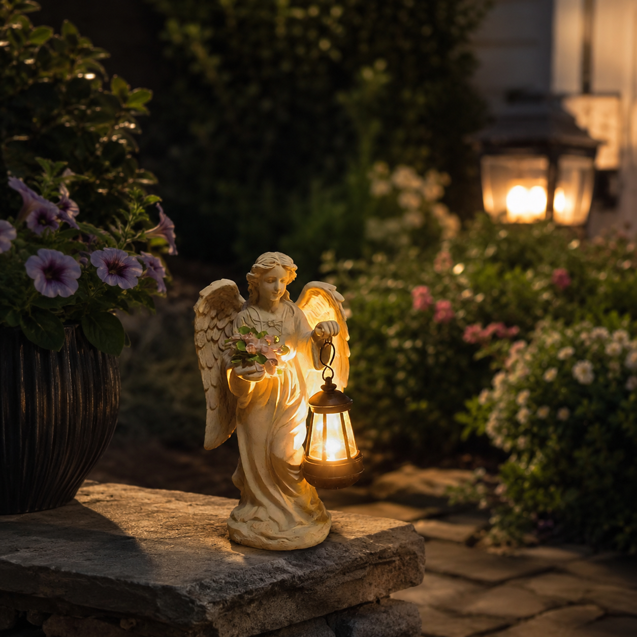 Lighted Angel Garden Statue with Lantern, Outdoor Angel Figurine Decor, Memorial Solar-Style Garden Ornament for Patio, Yard, Pathway and Home Decoration