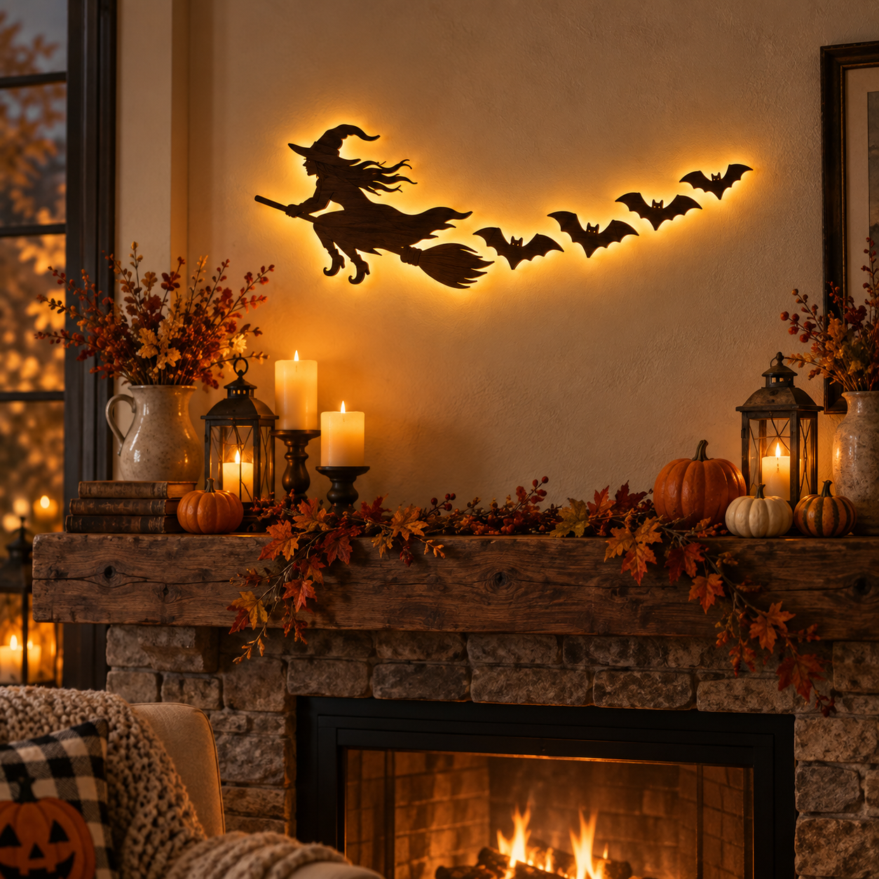 🎃 5-Piece Halloween Lighted Wall Decor Set – Flying Witch & Bats with Remote Control