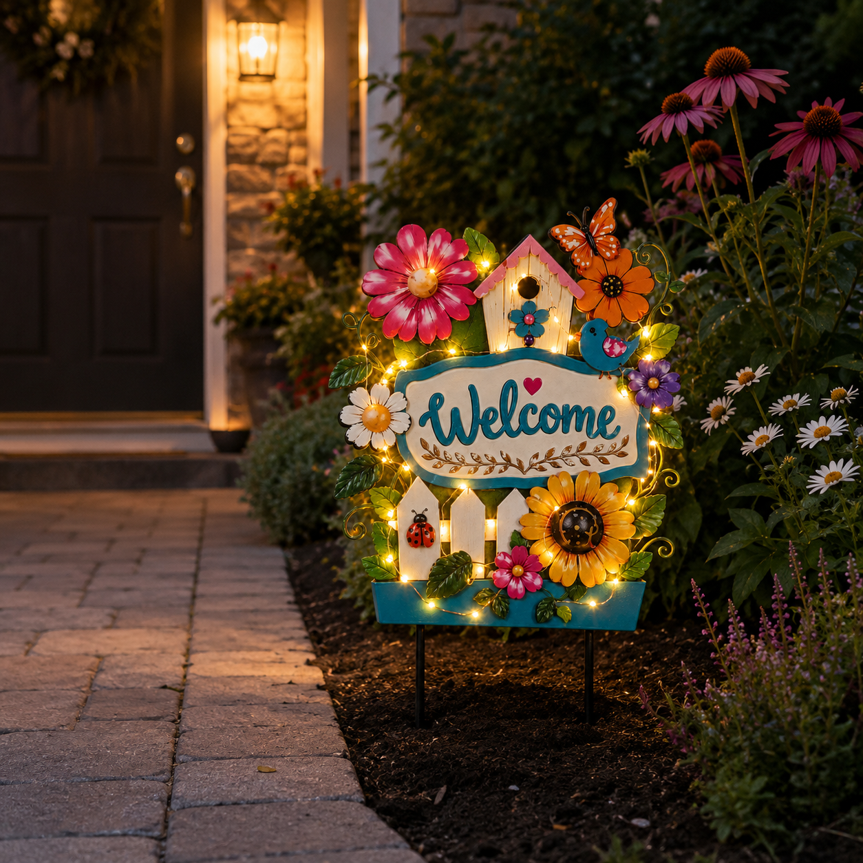 Welcome every guest with colorful flowers and a warm, inviting glow 🏡✨