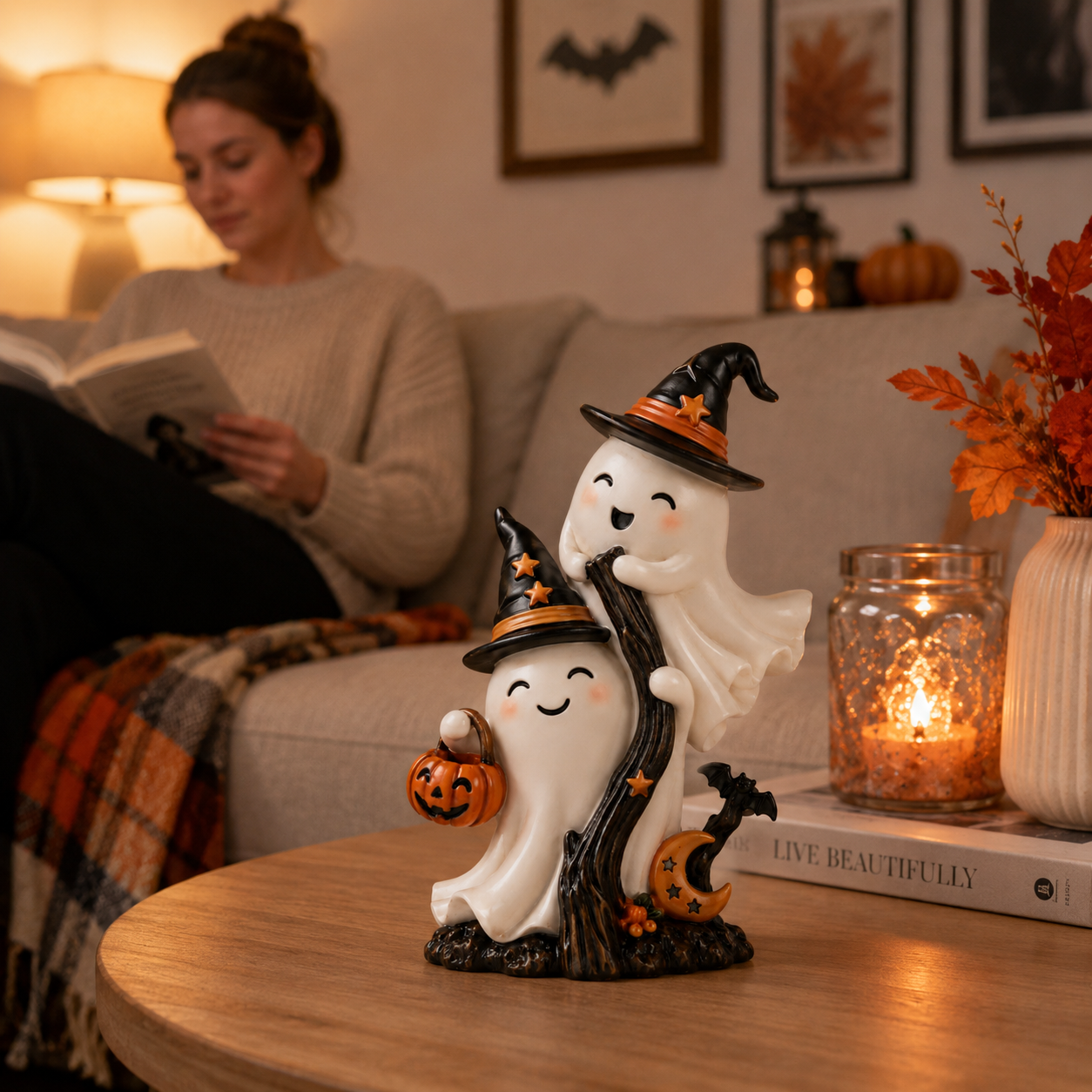 Cute Double Ghost Halloween Resin Figurine with Witch Hats and Pumpkin Bucket 🧙‍♀️✨
