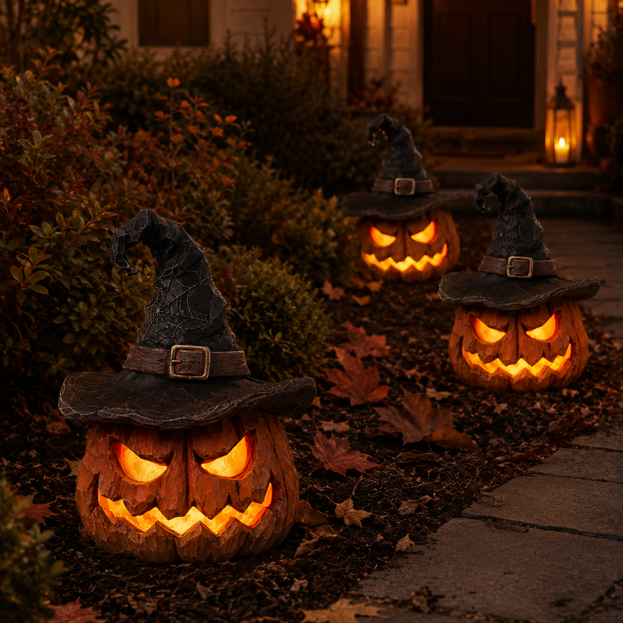 🎃 Light-Up Witch Hat Pumpkin Decoration – Remote-Controlled Halloween Resin Jack-O’-Lantern with LED Glow