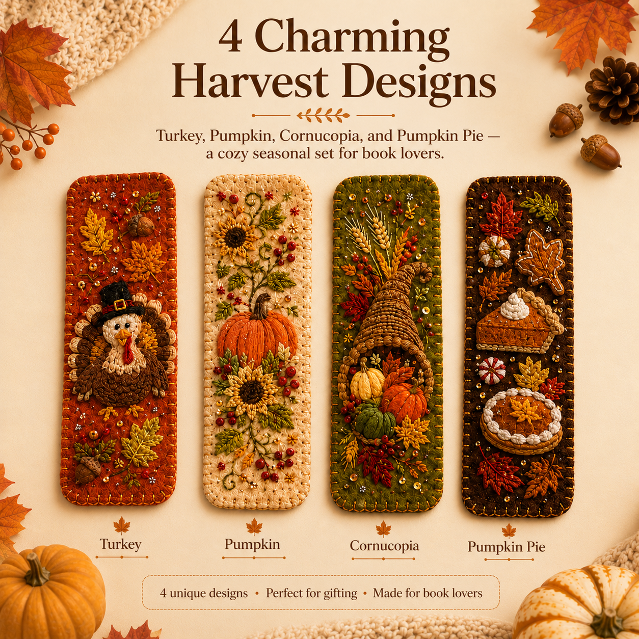 Thanksgiving Embroidered Felt Bookmarks🍁