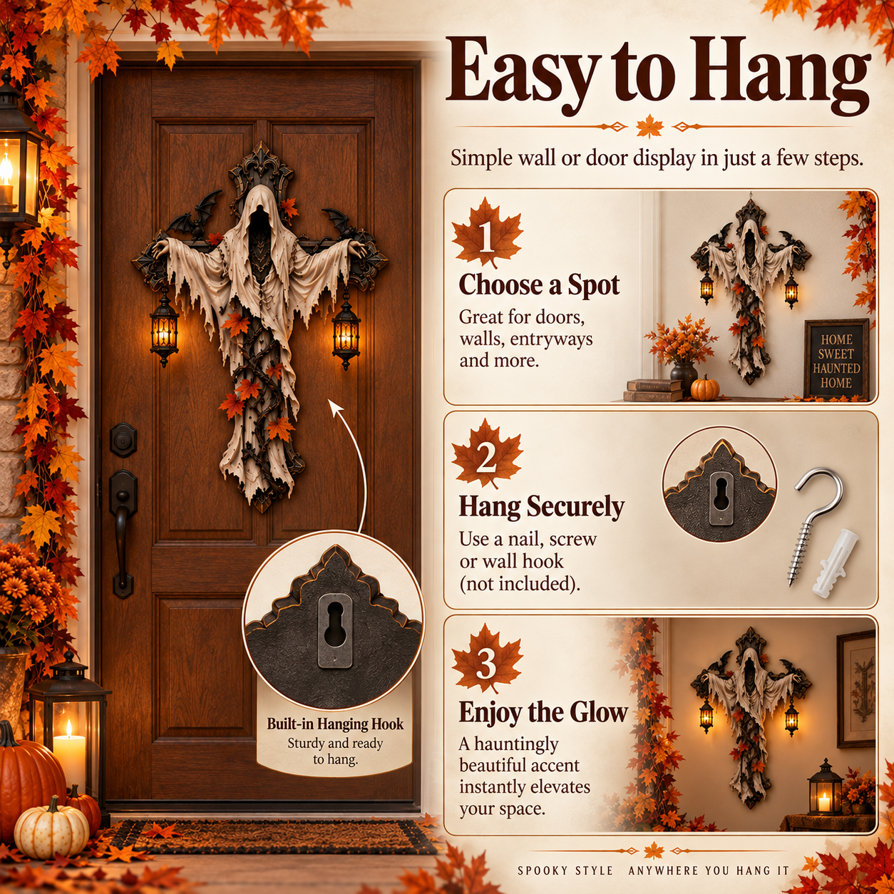 Lighted Halloween Ghost Cross Wall Decor