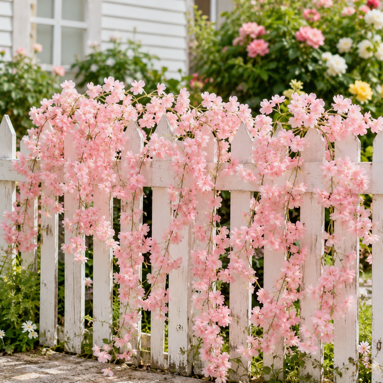 Artificial Pink Hanging Cherry Blossom Garland – 1.8m, 135 Flowers | Wedding, Balcony, Staircase, Room Decoration