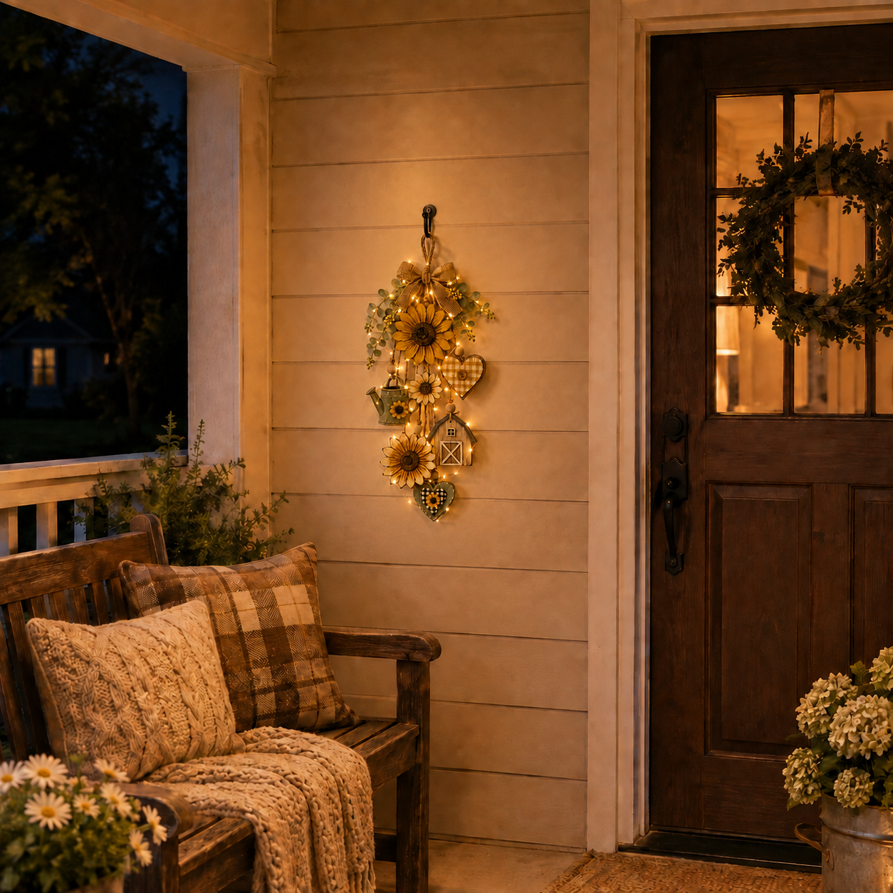 Rustic Wooden Garden-Themed Hanging Ornament with Remote Control Fairy Lights
