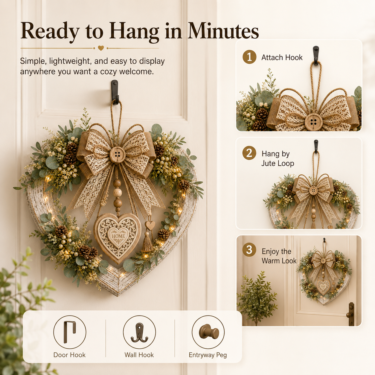Lighted Rustic Heart-Shaped Door Wreath – Farmhouse Eucalyptus Home Décor 💚✨
