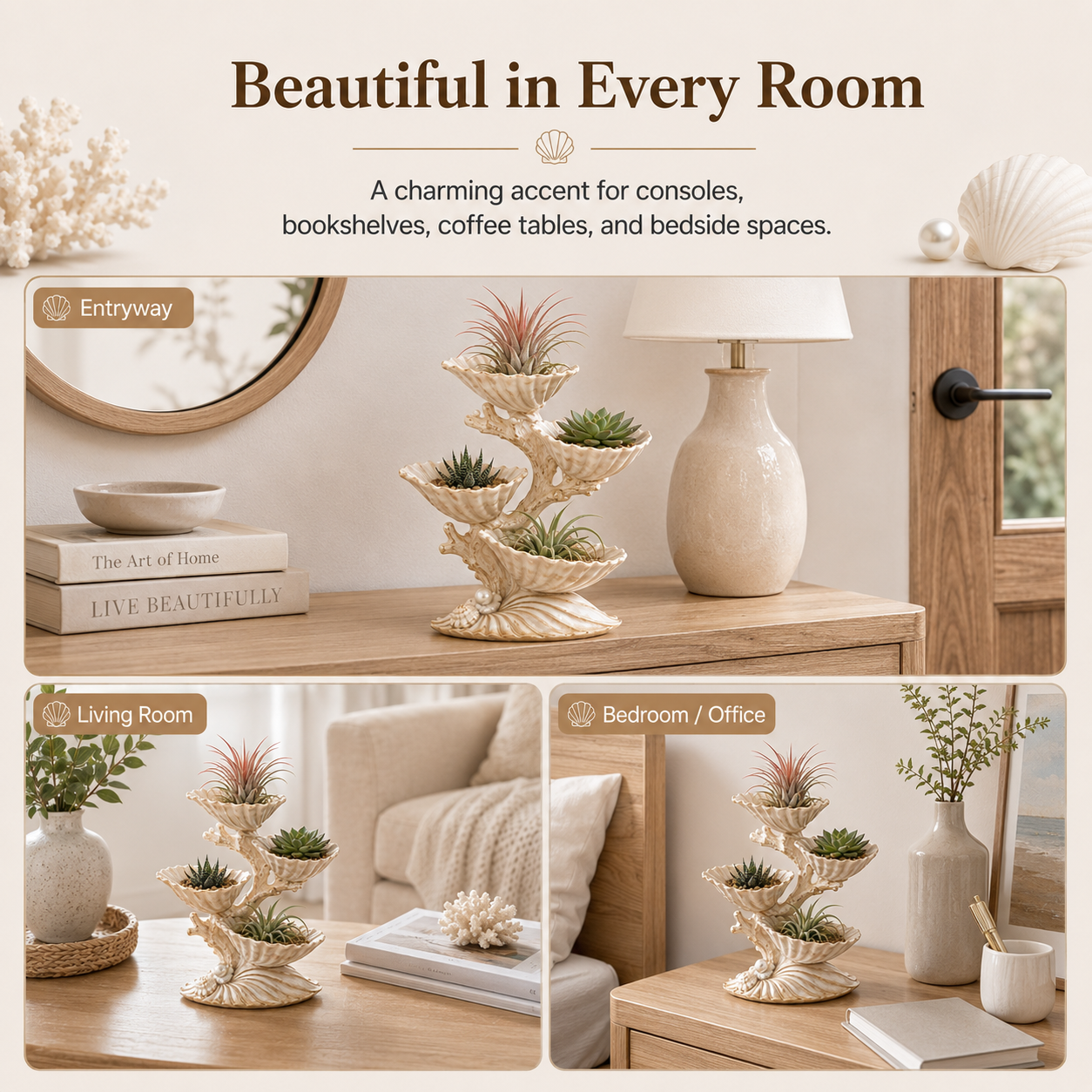 4-Tier Pearl Seashell Succulent Planter – Coastal Resin Tabletop Plant Display 🌿