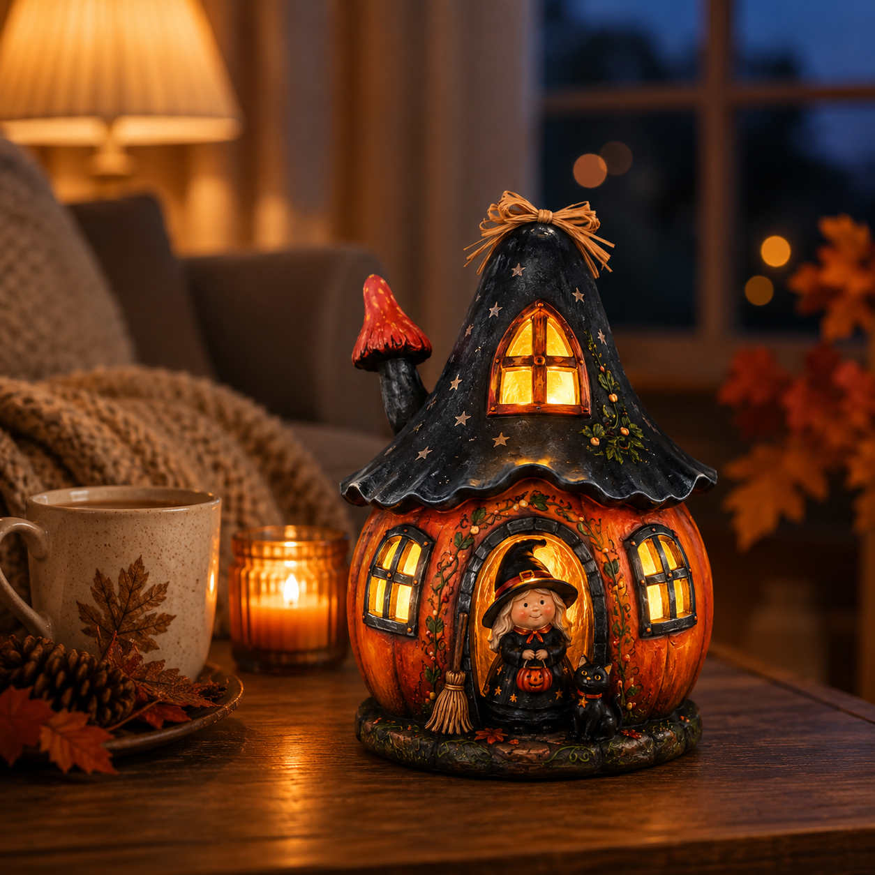 Lighted Witch Pumpkin House Resin Figurine – Remote-Controlled Halloween Tabletop Décor ✨