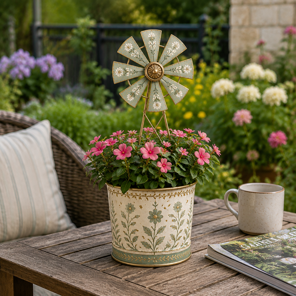 🌿 Vintage Windmill Planter Decor – Rustic Floral Metal Garden Accent for Home & Patio