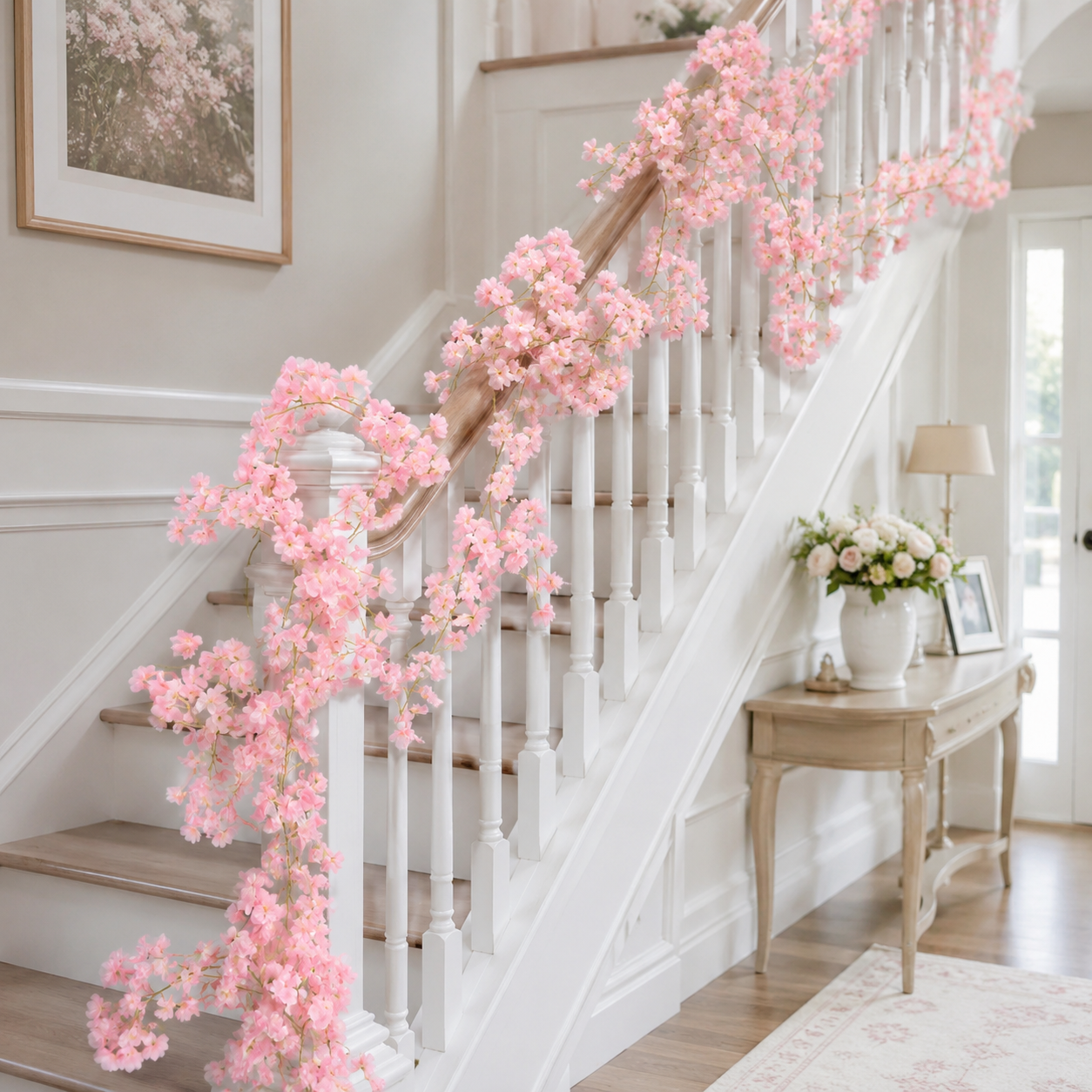 Artificial Pink Hanging Cherry Blossom Garland – 1.8m, 135 Flowers | Wedding, Balcony, Staircase, Room Decoration