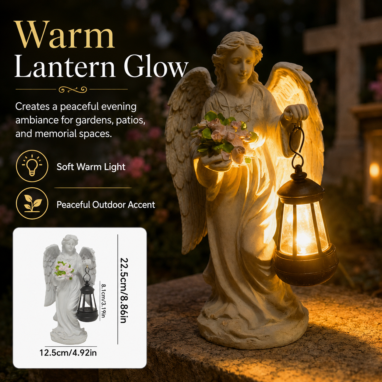 Lighted Angel Garden Statue with Lantern, Outdoor Angel Figurine Decor, Memorial Solar-Style Garden Ornament for Patio, Yard, Pathway and Home Decoration
