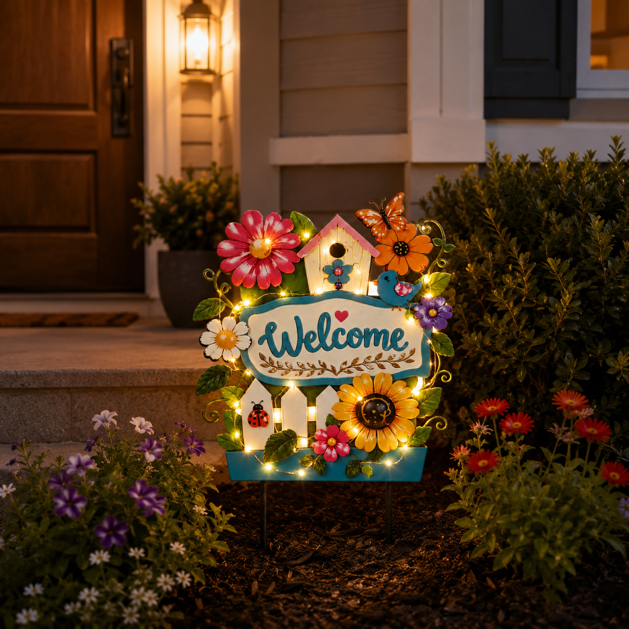 Welcome every guest with colorful flowers and a warm, inviting glow 🏡✨