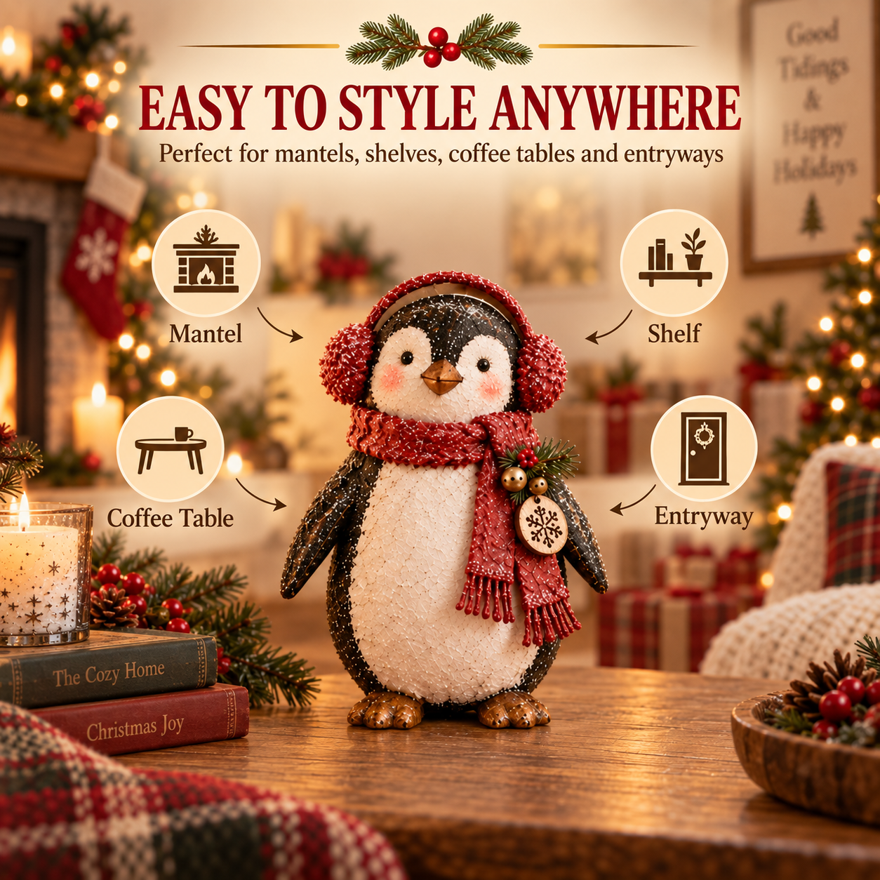 Christmas Penguin Figurine with Red Scarf & Earmuffs 