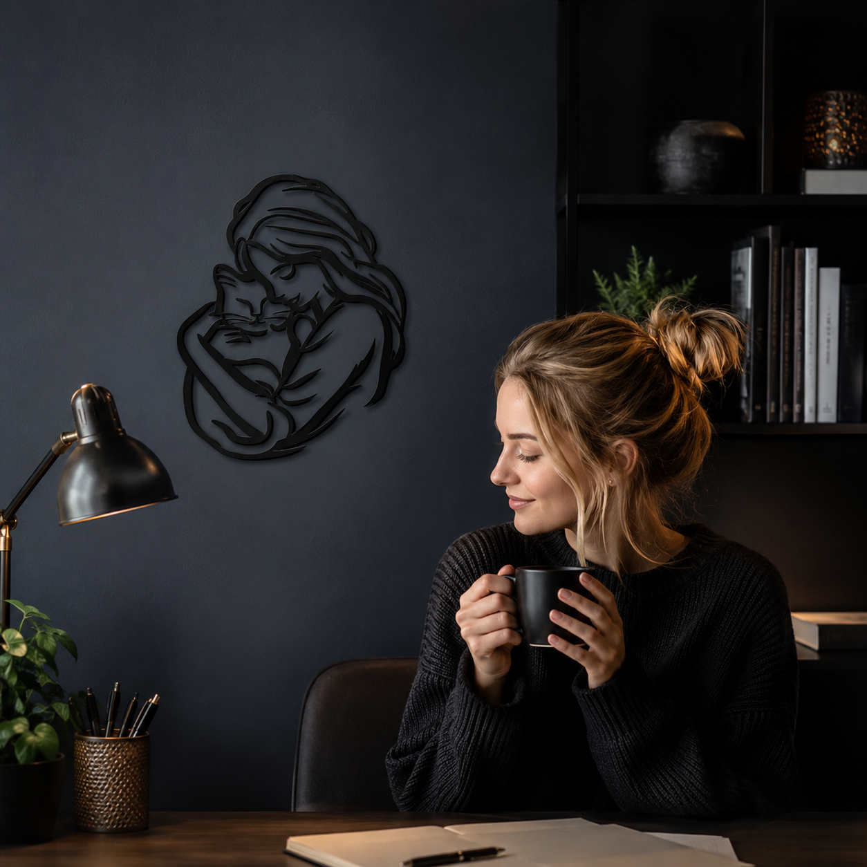🐱 Girl Hugging Cat Metal Wall Art – A Heartwarming Accent for Cozy Homes
