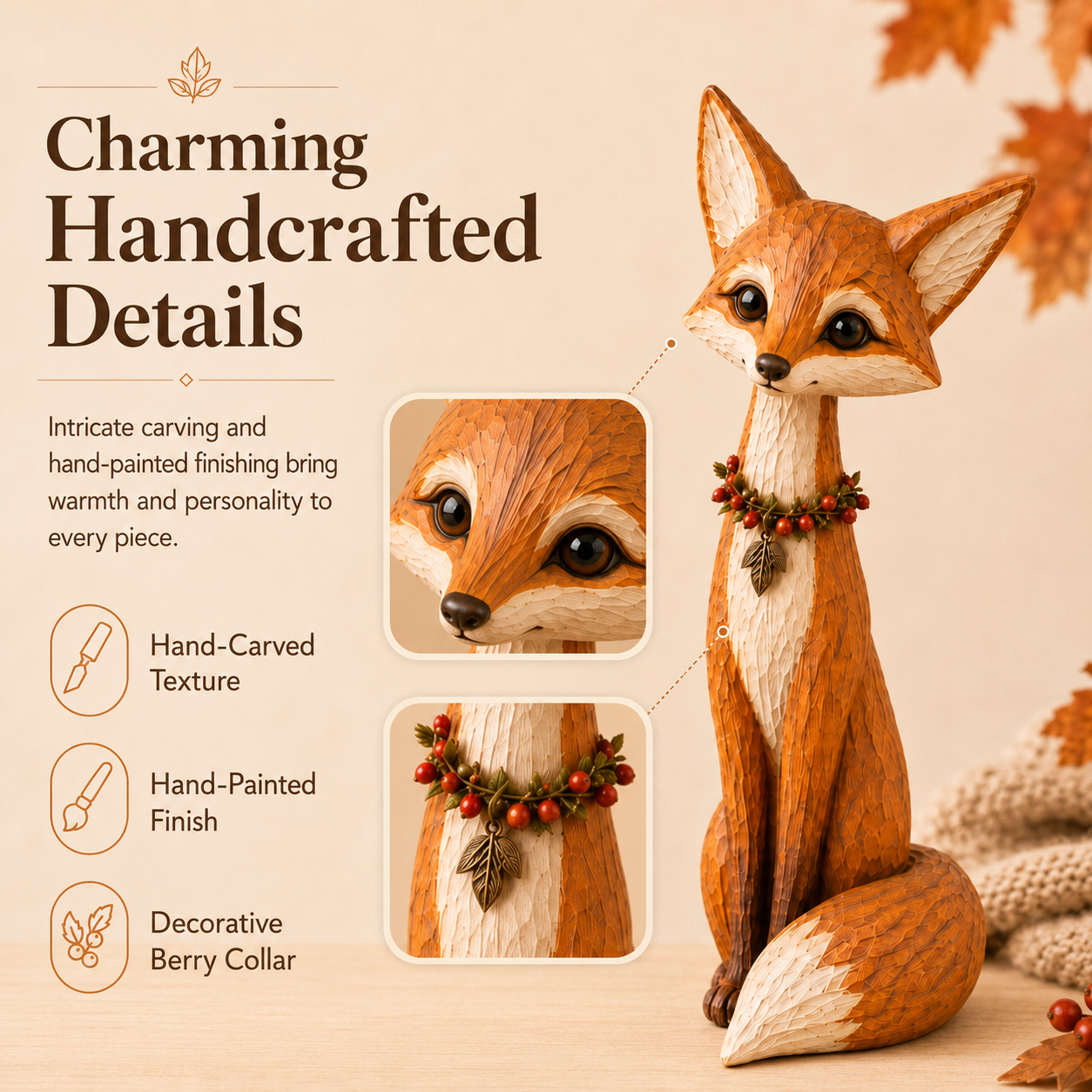 Hand-Carved Wooden Fox Figurine – 11.8-Inch Slim Woodland Tabletop Décor 🍂