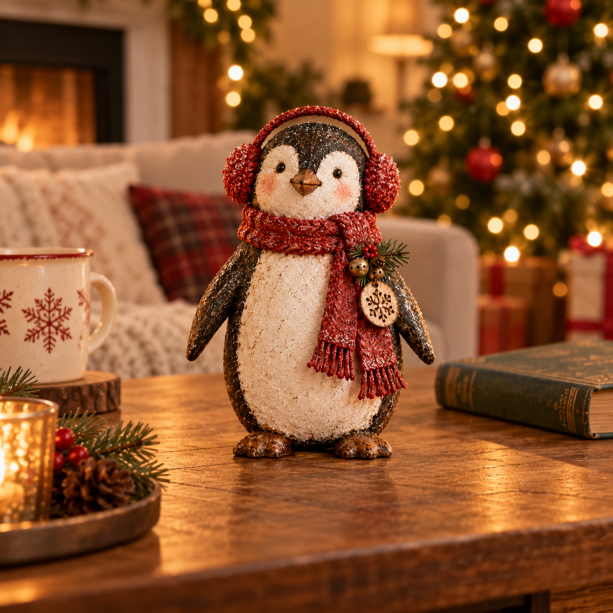 Christmas Penguin Figurine with Red Scarf & Earmuffs 