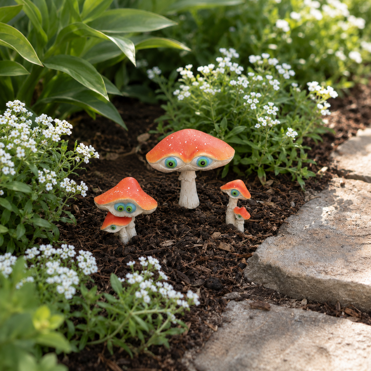 3-Piece Big-Eyed Mushroom Resin Garden Stakes – Whimsical Fairy Garden Decorations