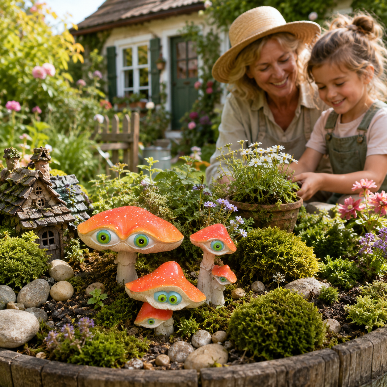3-Piece Big-Eyed Mushroom Resin Garden Stakes – Whimsical Fairy Garden Decorations