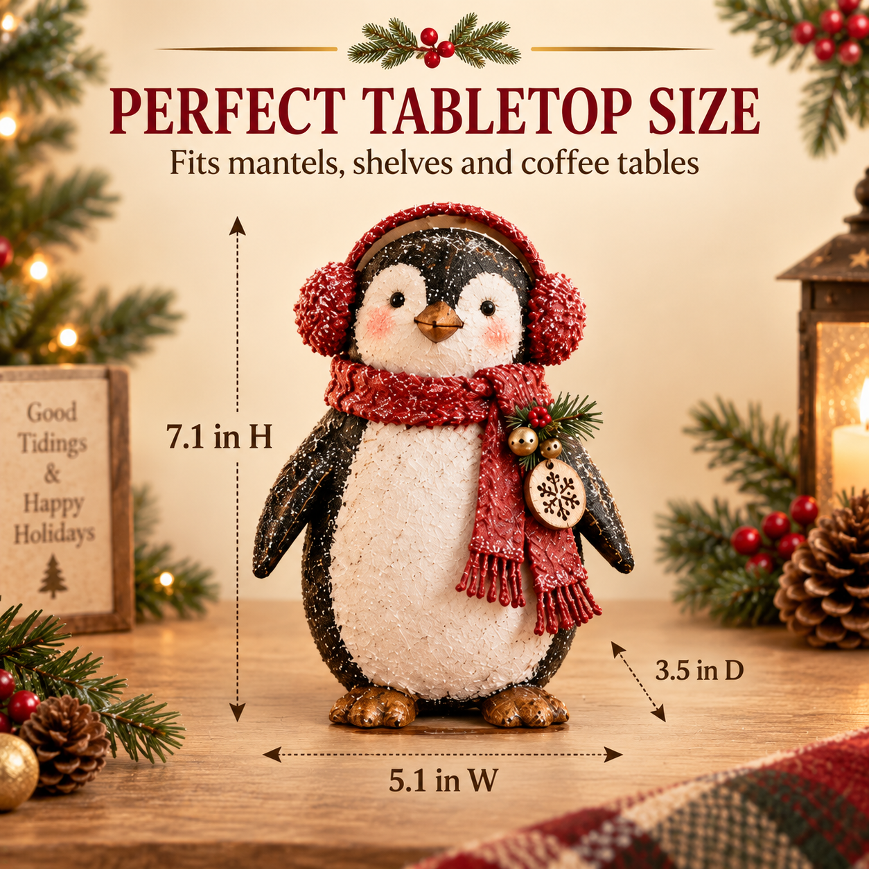 Christmas Penguin Figurine with Red Scarf & Earmuffs 