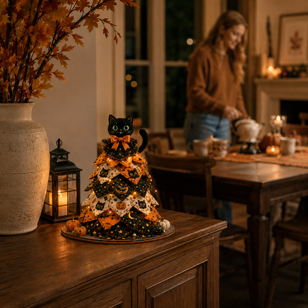 Light-Up Halloween Black Cat Fabric Tree Decoration with Remote Control 🐈‍⬛🎃✨