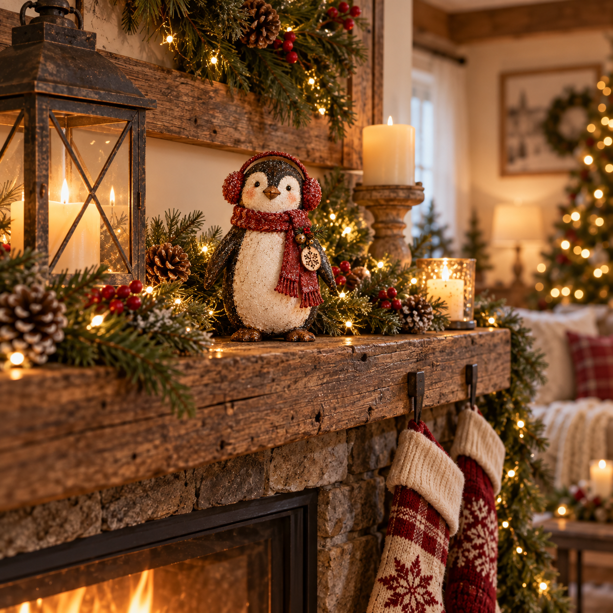 Christmas Penguin Figurine with Red Scarf & Earmuffs 