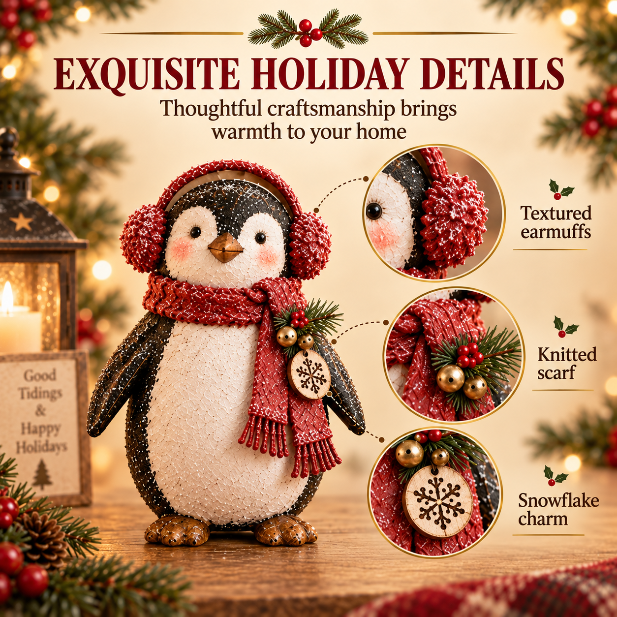 Christmas Penguin Figurine with Red Scarf & Earmuffs 