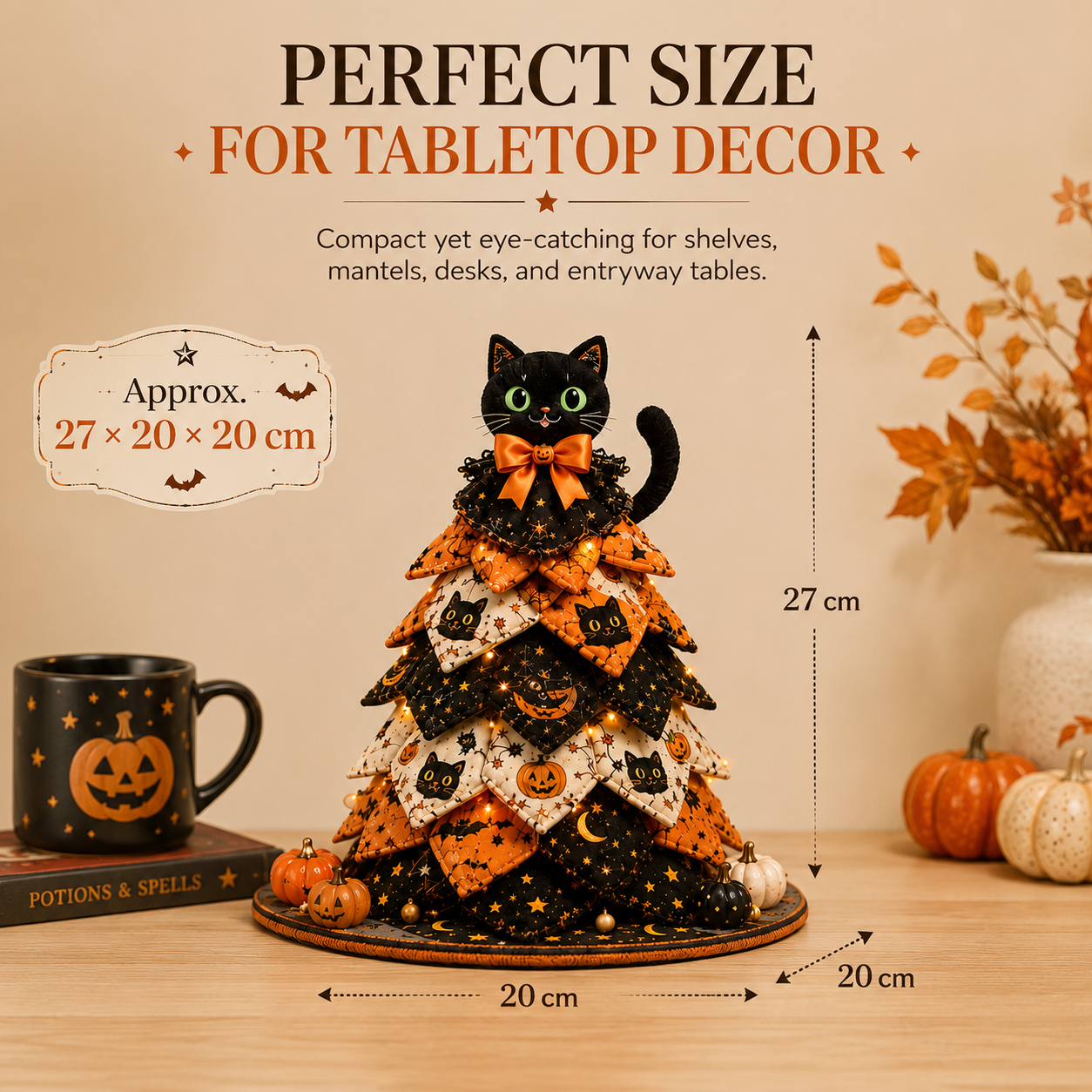 Light-Up Halloween Black Cat Fabric Tree Decoration with Remote Control 🐈‍⬛🎃✨