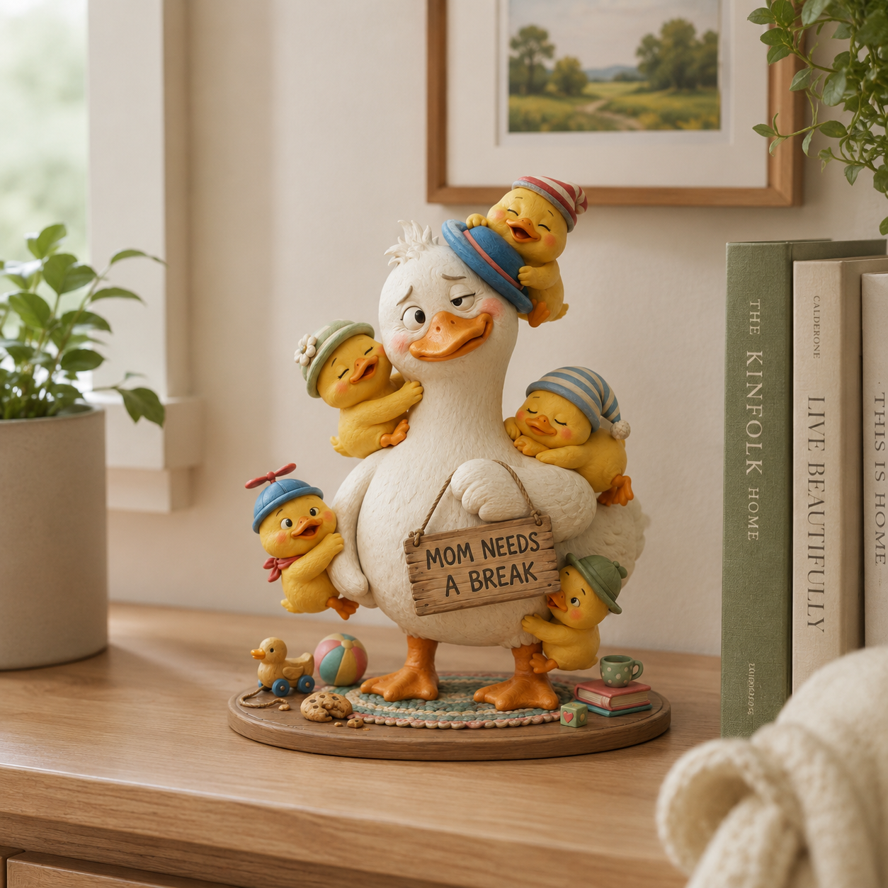 “Mom Needs a Break” Mama Duck & Five Ducklings Resin Figurine – Funny Family Tabletop Decor 💛