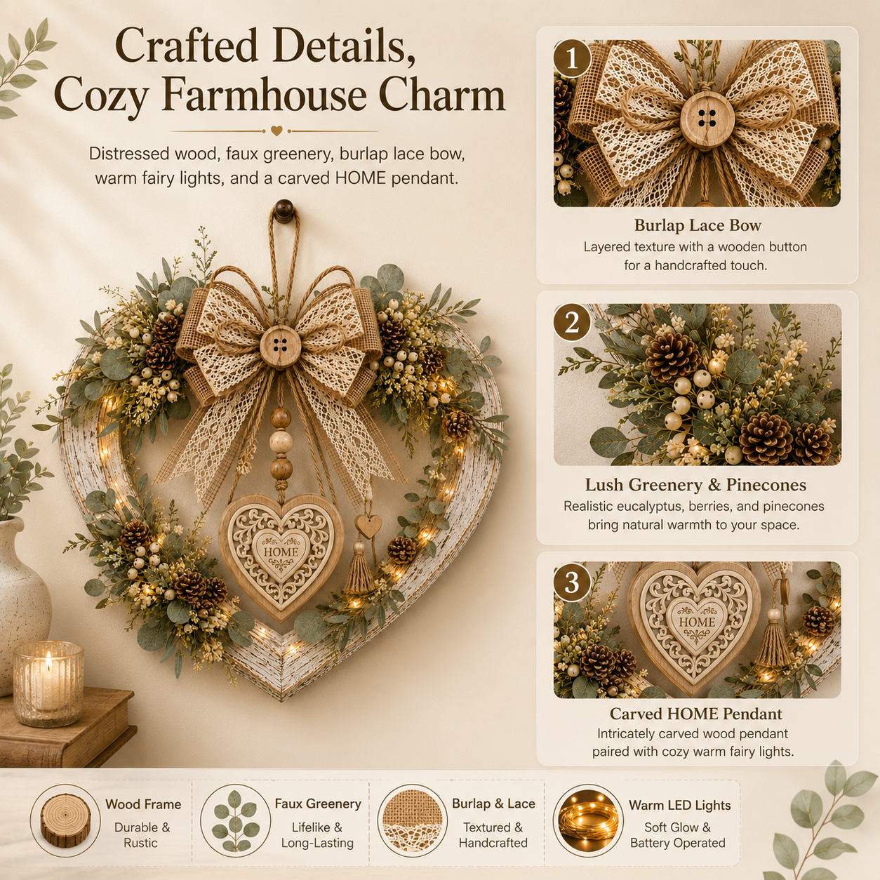 Lighted Rustic Heart-Shaped Door Wreath – Farmhouse Eucalyptus Home Décor 💚✨