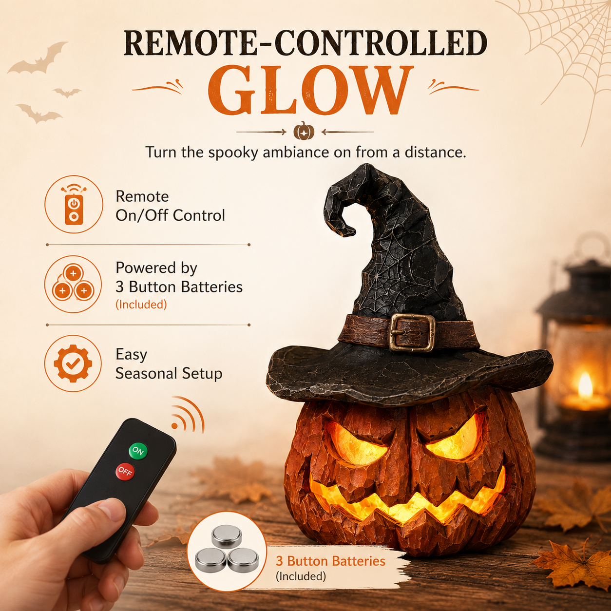 🎃 Light-Up Witch Hat Pumpkin Decoration – Remote-Controlled Halloween Resin Jack-O’-Lantern with LED Glow
