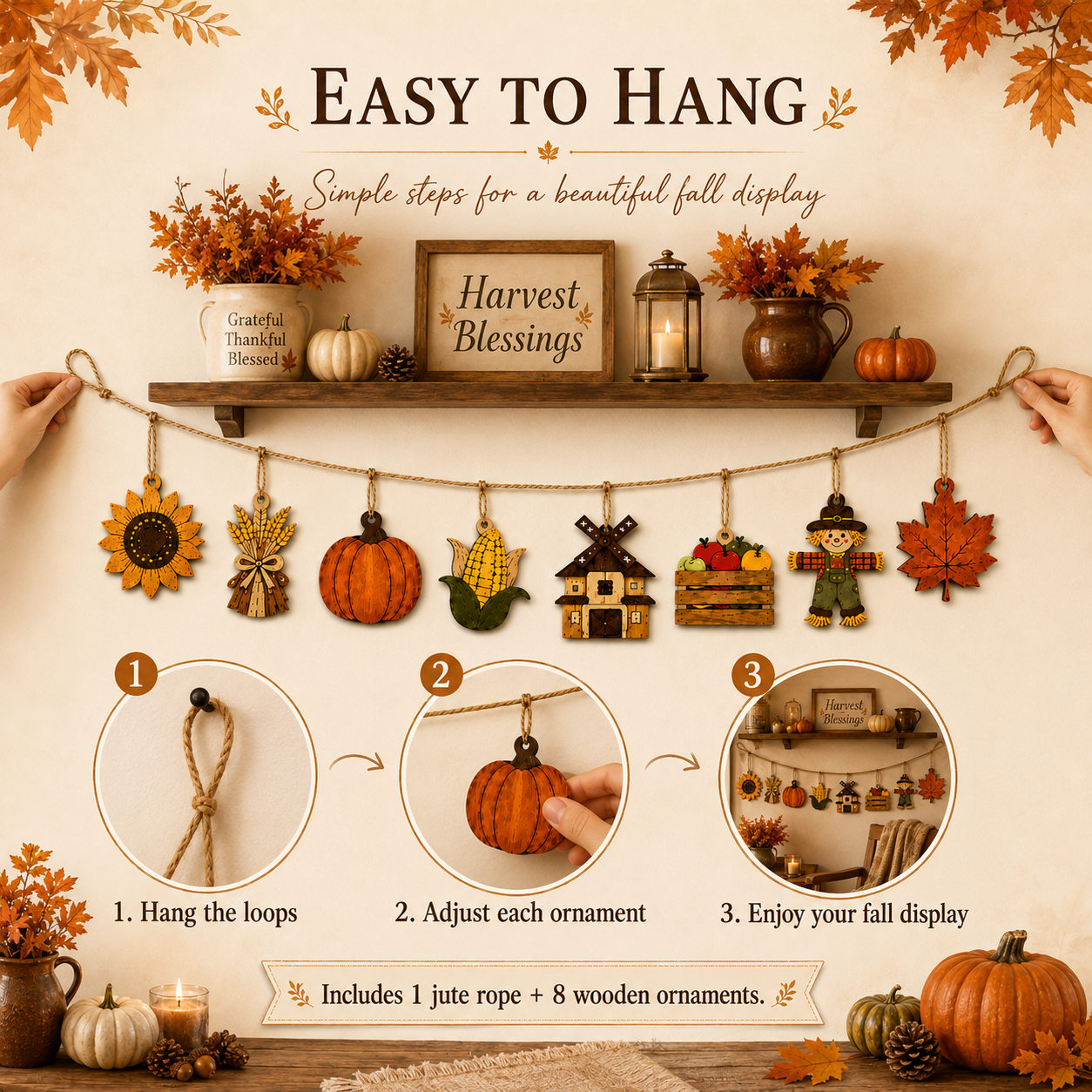 🍁Fall Harvest Wooden Garland Set