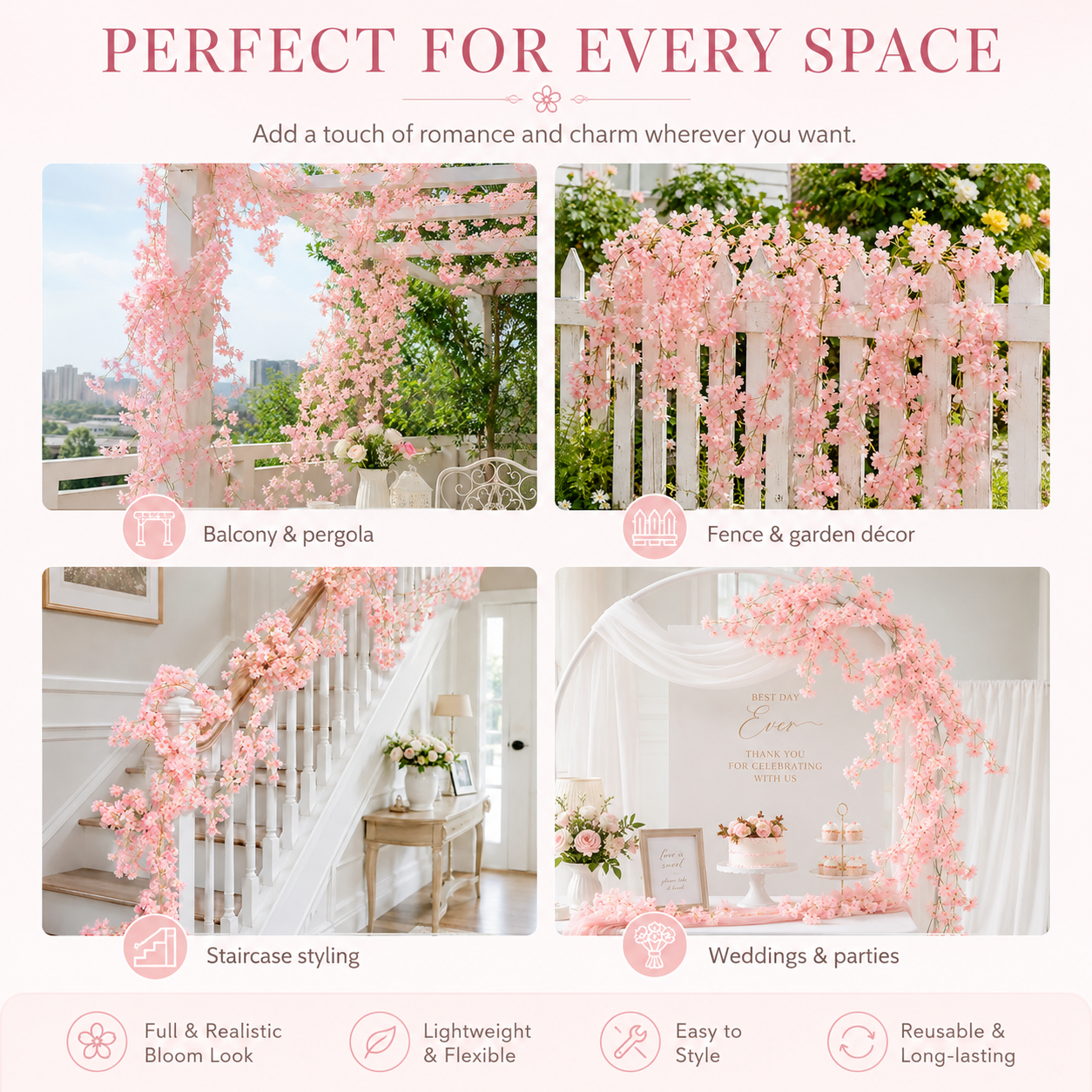 Artificial Pink Hanging Cherry Blossom Garland – 1.8m, 135 Flowers | Wedding, Balcony, Staircase, Room Decoration