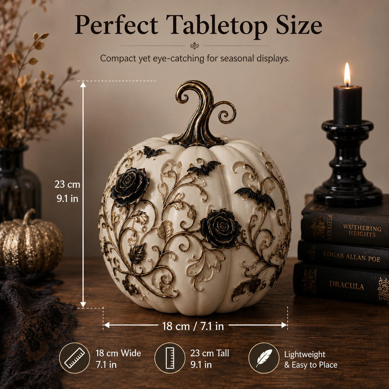Gothic Rose Pumpkin Light – Remote-Controlled Halloween Resin Tabletop Décor 🦇