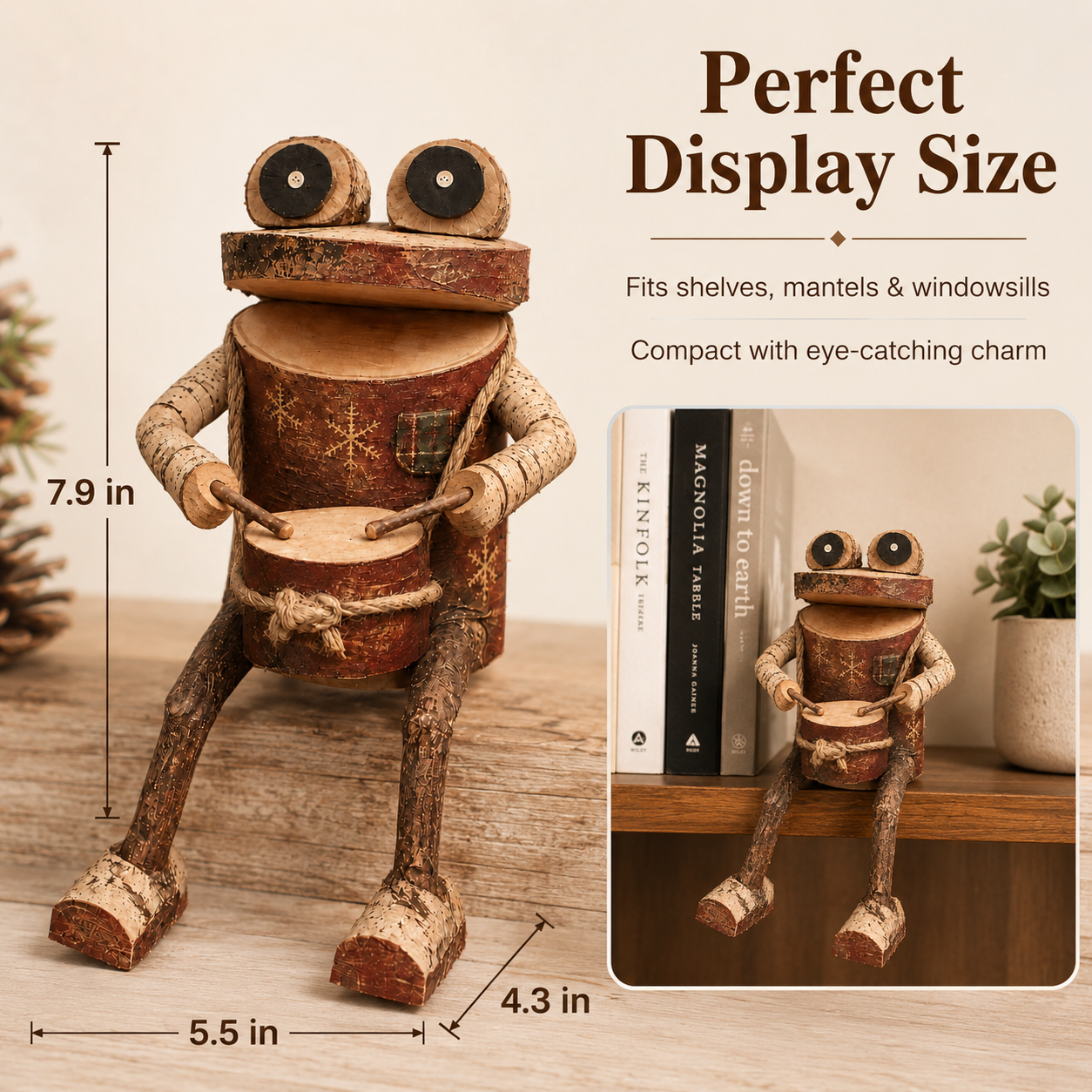 🐸 Rustic Wooden Frog Drummer Figurine