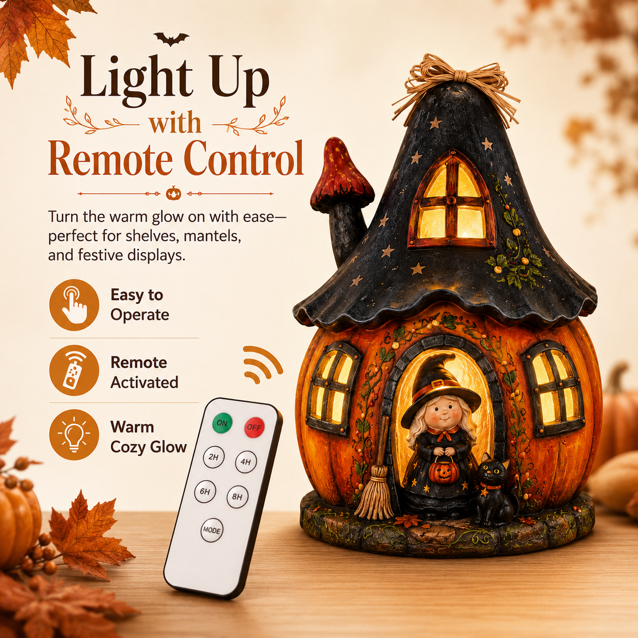 Lighted Witch Pumpkin House Resin Figurine – Remote-Controlled Halloween Tabletop Décor ✨
