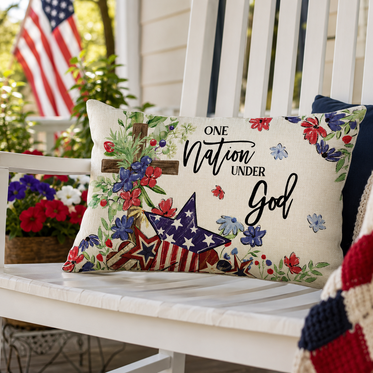 “Patriotic 4th of July Decorative Throw Pillow – Set of 2, ‘One Nation Under God’ Red, White & Blue Stars & Floral Accent for Home, Couch, Bedroom & Holiday Decor”