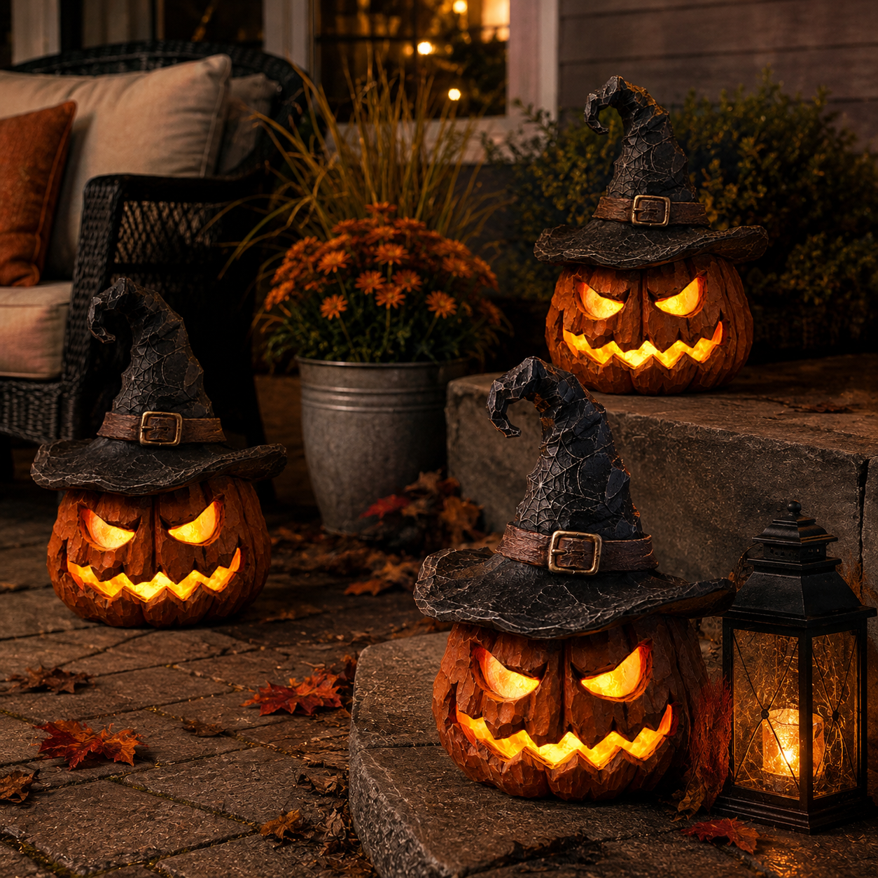 🎃 Light-Up Witch Hat Pumpkin Decoration – Remote-Controlled Halloween Resin Jack-O’-Lantern with LED Glow