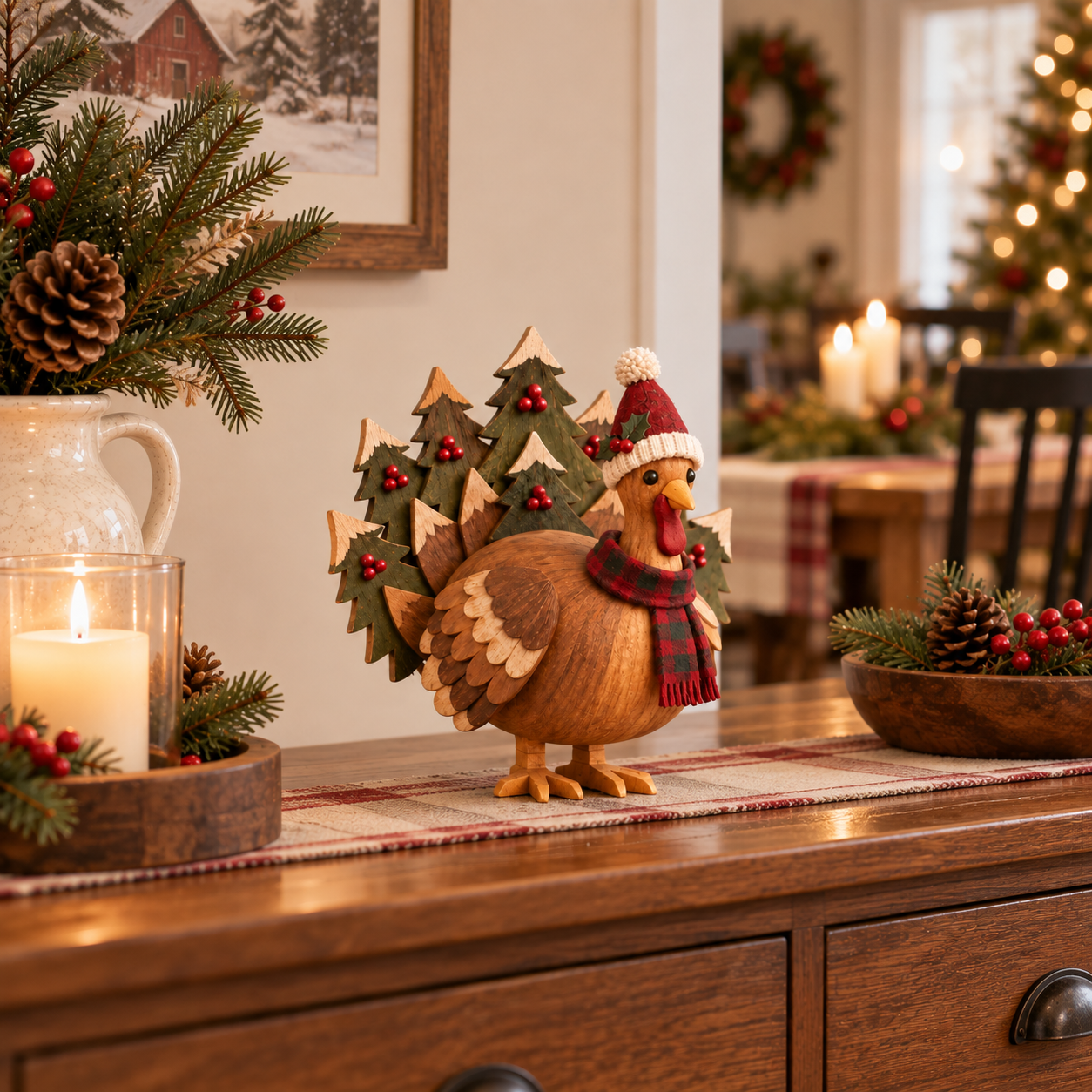 Rustic Wooden Christmas Turkey Figurine with Santa Hat🦃🎄